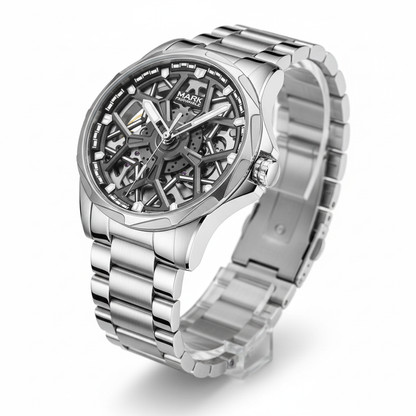 Silver watch with a detailed face on a white background