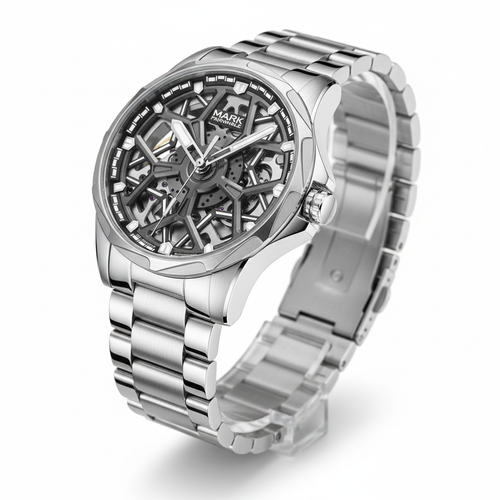 Silver watch with a detailed face on a white background
