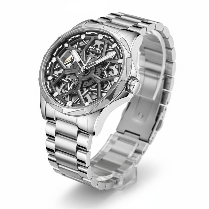Silver watch with a detailed face on a white background