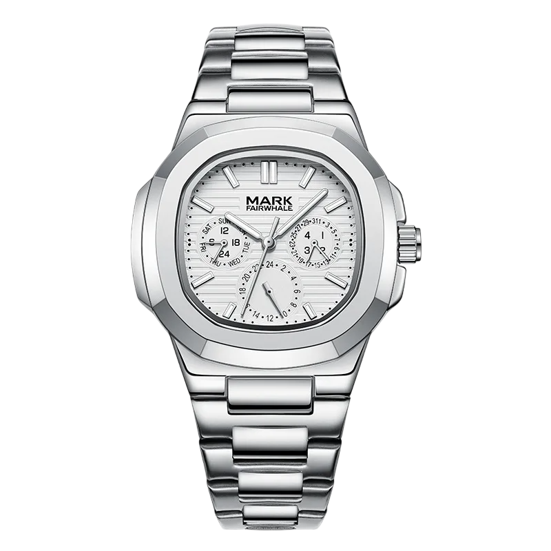 Silver watch with a detailed face on a white background