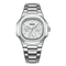 Silver watch with a detailed face on a white background