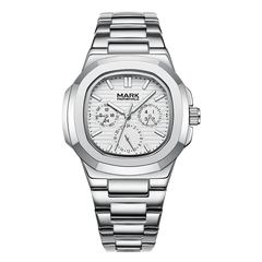 Silver watch with a detailed face on a white background