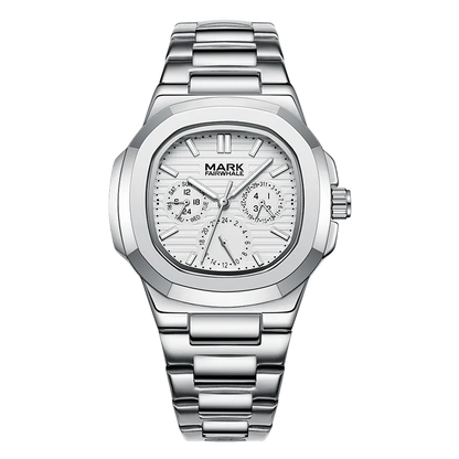 Silver watch with a detailed face on a white background
