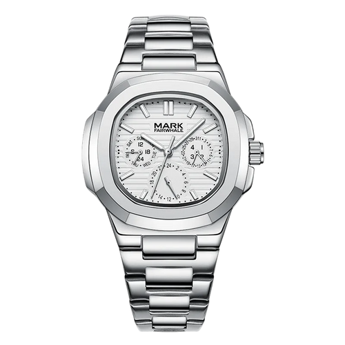 Silver watch with a detailed face on a white background