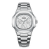 Silver watch with a detailed face on a white background