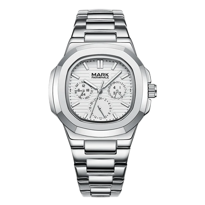 Silver watch with a detailed face on a white background