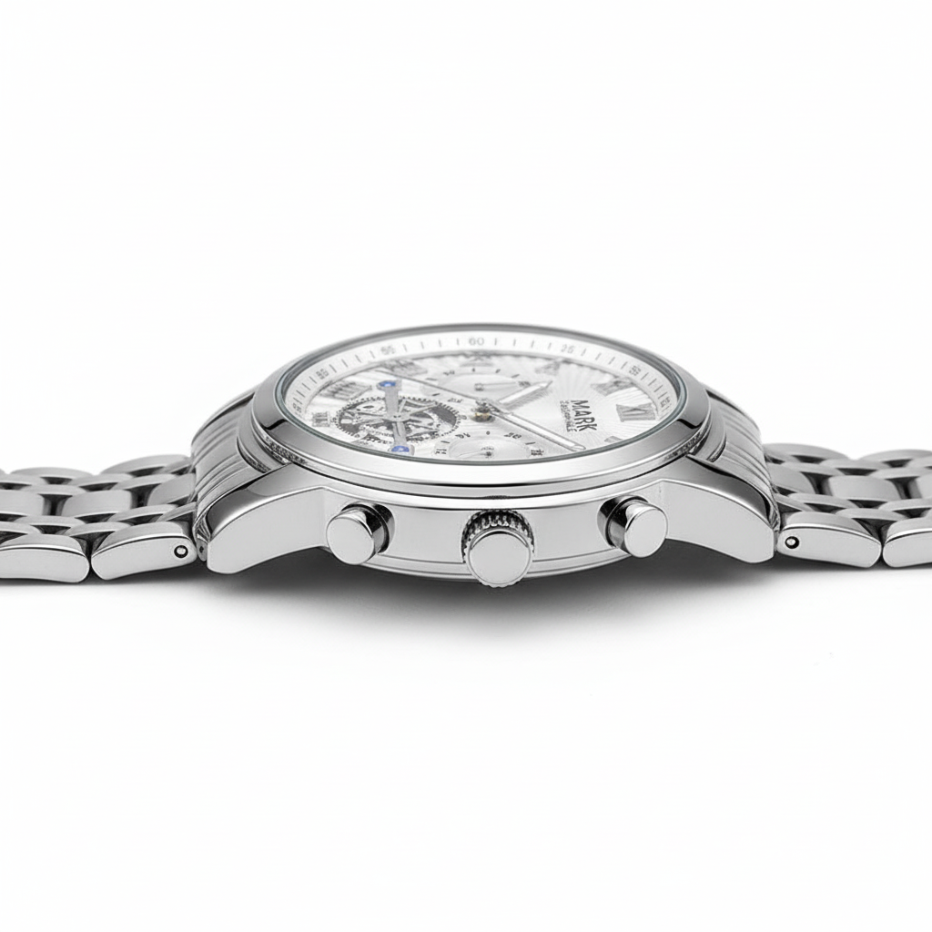 Silver watch with a detailed face on a white background
