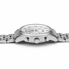 Silver watch with a detailed face on a white background