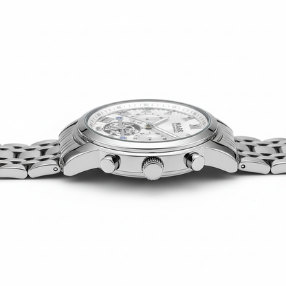 Silver watch with a detailed face on a white background