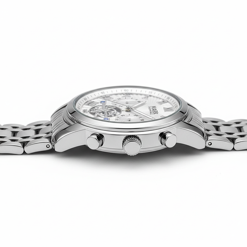 Silver watch with a detailed face on a white background