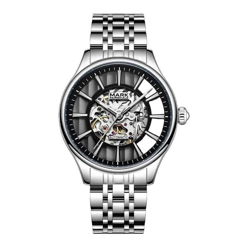 Silver watch with a detailed face on a white background