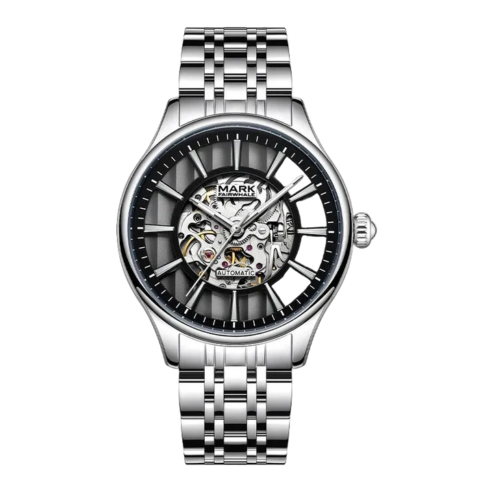 Silver watch with a detailed face on a white background