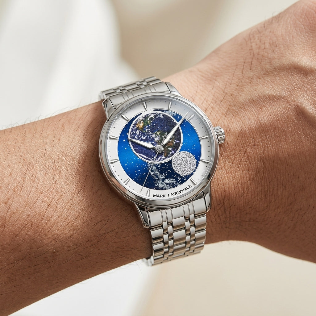 Silver watch with a detailed face on a wrist against a neutral background