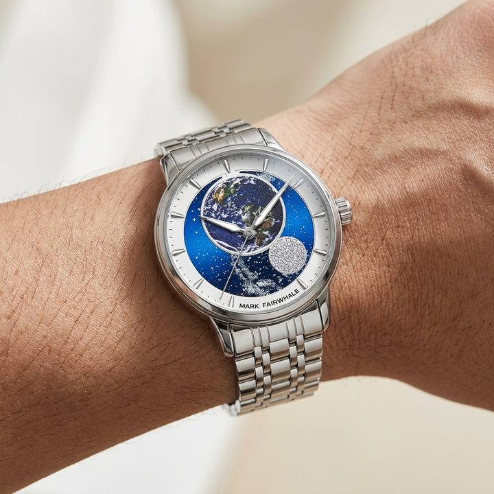 Silver watch with a detailed face on a wrist against a neutral background