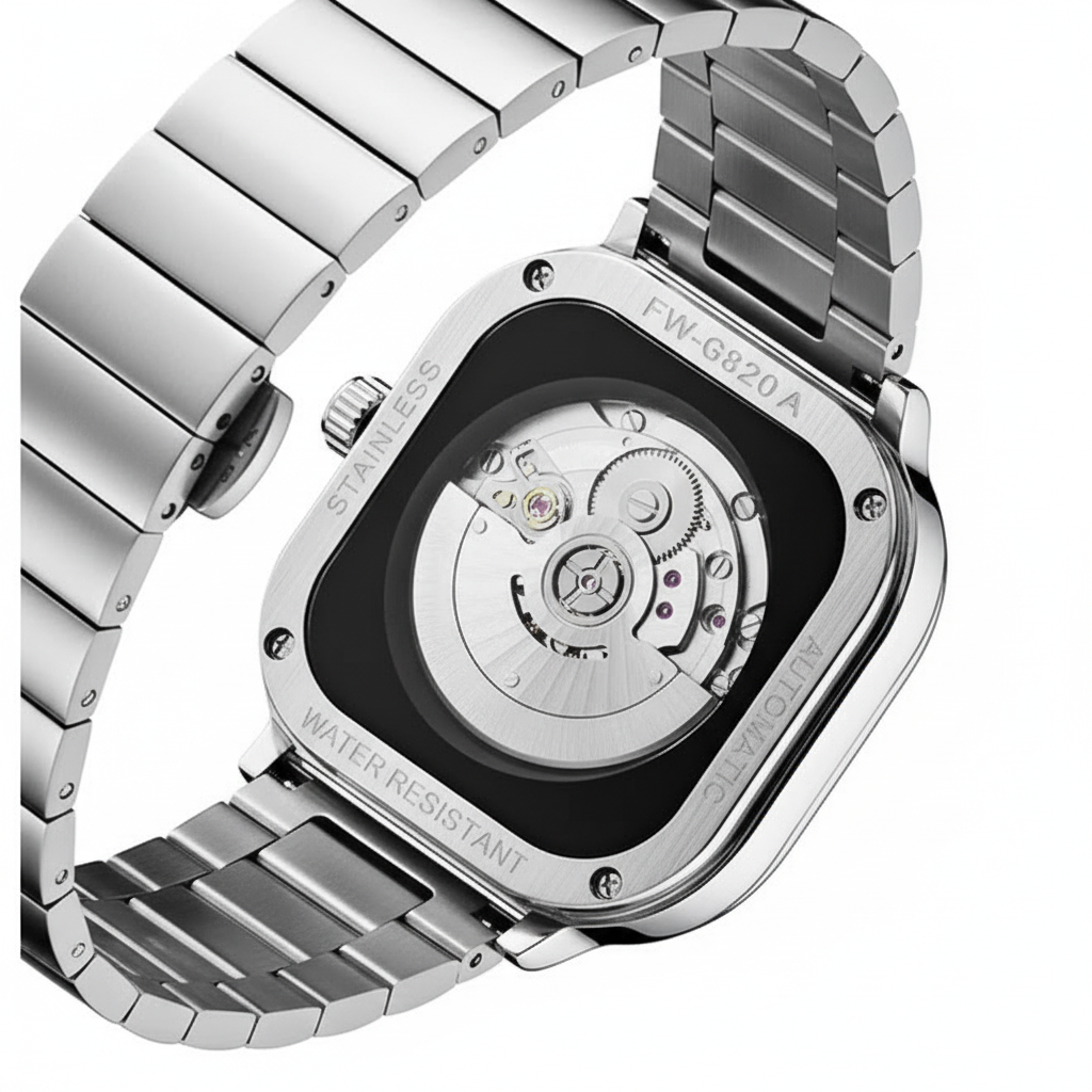 Silver watch with a detailed mechanical back on a white background