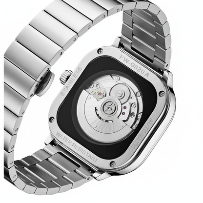 Silver watch with a detailed mechanical back on a white background