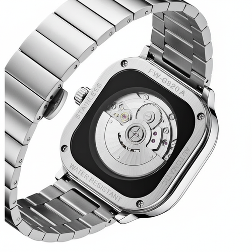 Silver watch with a detailed mechanical back on a white background