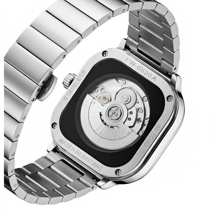 Silver watch with a detailed mechanical back on a white background