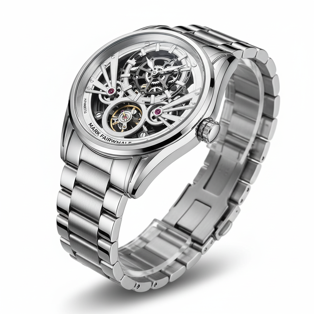 Silver watch with a detailed mechanical design on a white background