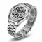 Silver watch with a detailed mechanical design on a white background
