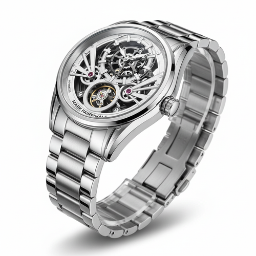 Silver watch with a detailed mechanical design on a white background