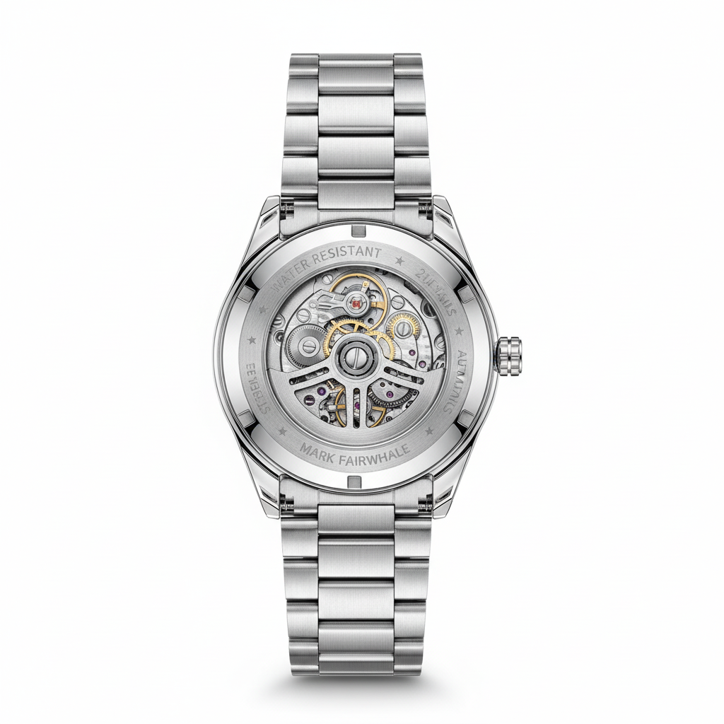 Silver watch with a detailed mechanical movement on a white background