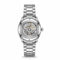 Silver watch with a detailed mechanical movement on a white background