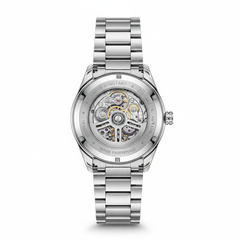 Silver watch with a detailed mechanical movement on a white background