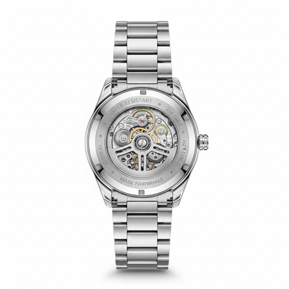 Silver watch with a detailed mechanical movement on a white background