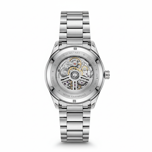 Silver watch with a detailed mechanical movement on a white background