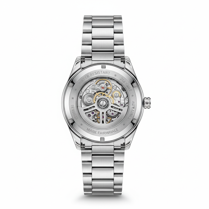 Silver watch with a detailed mechanical movement on a white background
