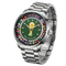 Silver watch with a green dial featuring a soccer trophy and world flags on a white background