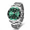 Silver watch with a green dial on a white background