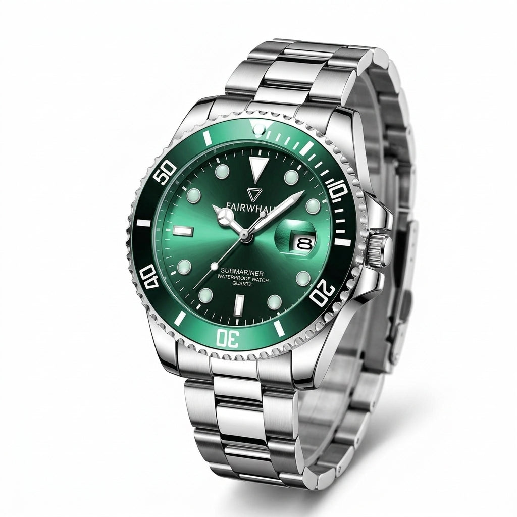 Silver watch with a green dial on a white background