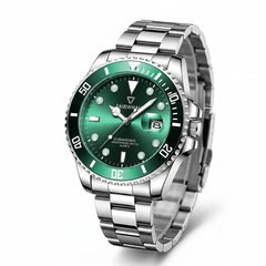 Silver watch with a green dial on a white background