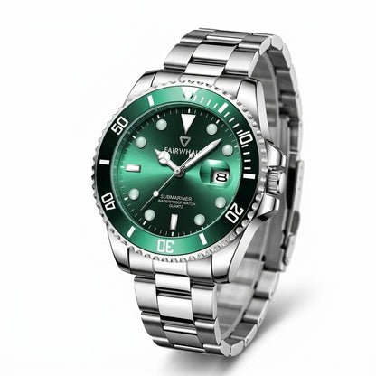 Silver watch with a green dial on a white background