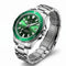 Silver watch with a green face on a white background