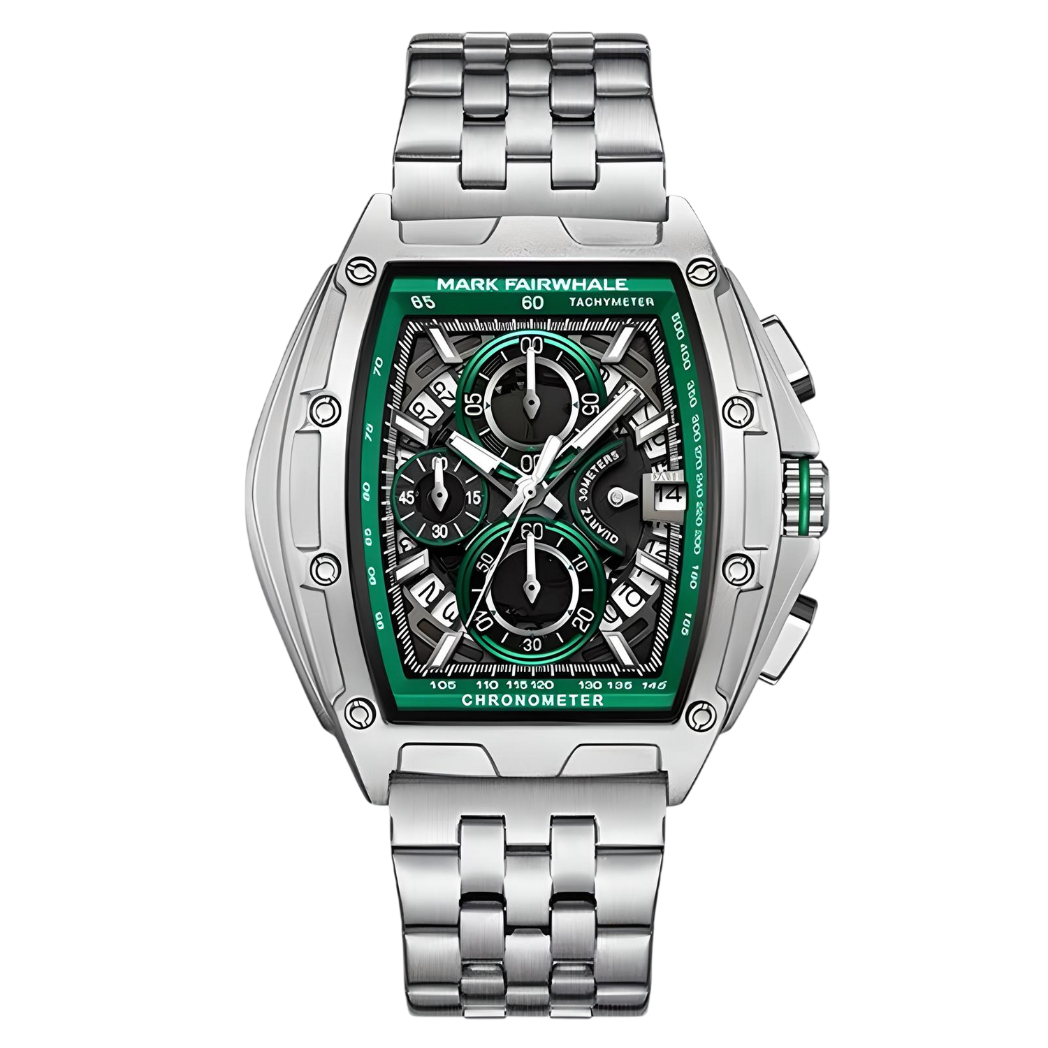 Silver watch with a green face on a white background