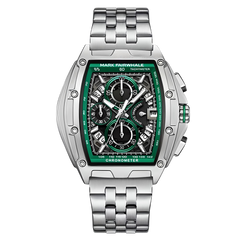 Silver watch with a green face on a white background