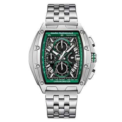 Silver watch with a green face on a white background