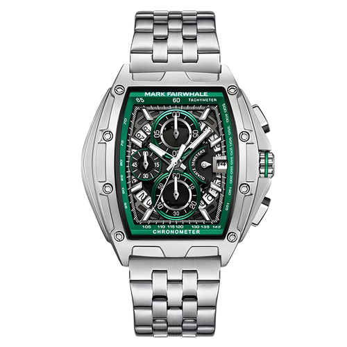 Silver watch with a green face on a white background