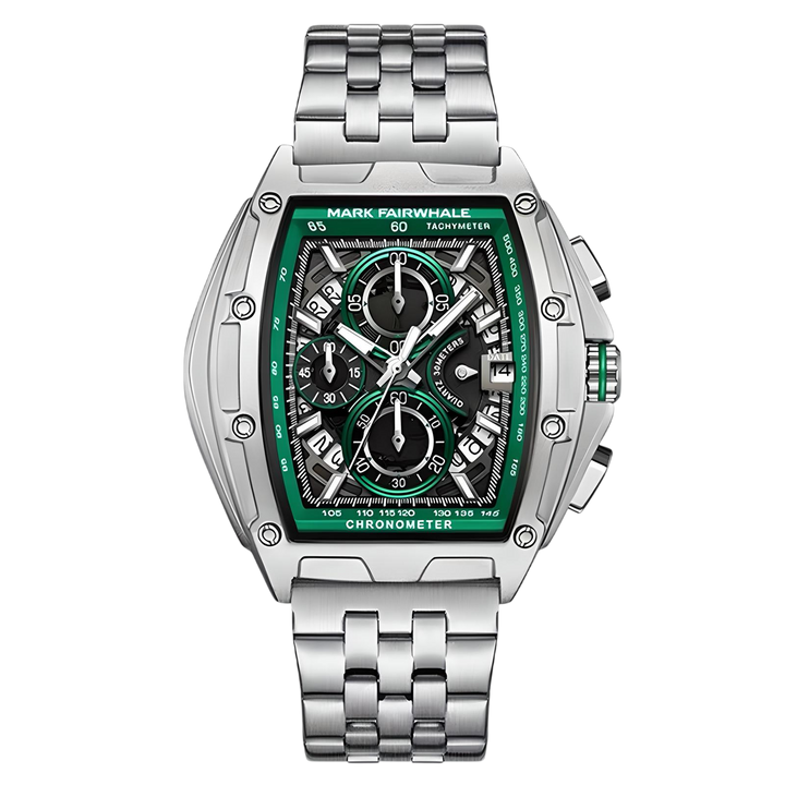 Silver watch with a green face on a white background