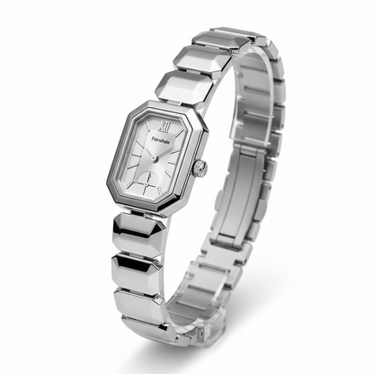 Silver watch with a hexagonal face on a white background