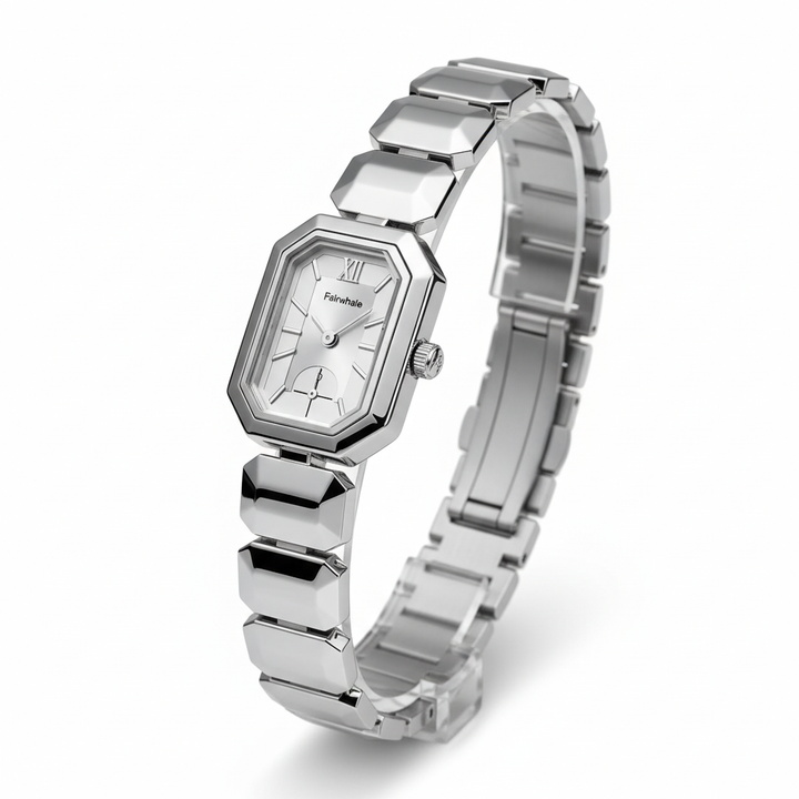 Silver watch with a hexagonal face on a white background