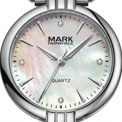 Silver watch with a light-colored face displaying the brand &