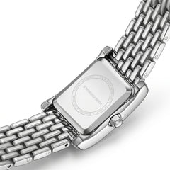 Silver watch with a mesh band on a white background