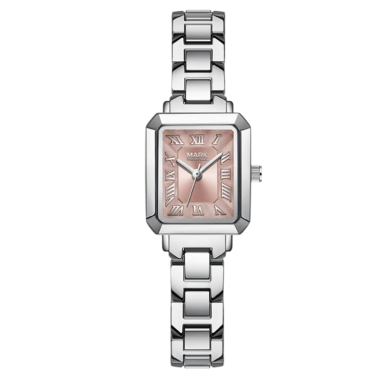 Silver watch with a pink face on a white background