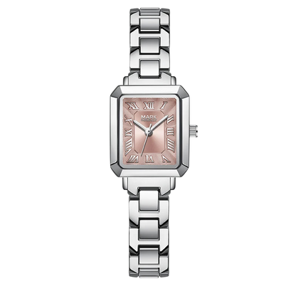 Silver watch with a pink face on a white background