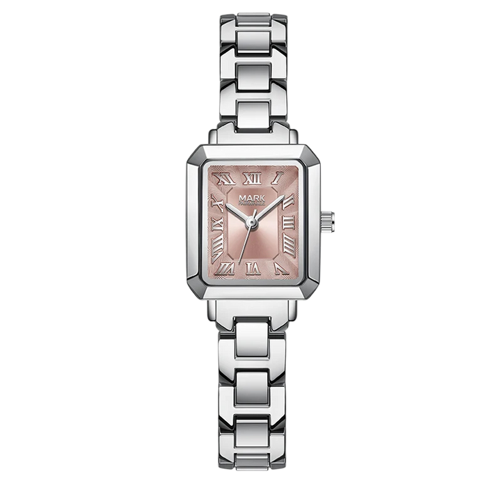 Silver watch with a pink face on a white background