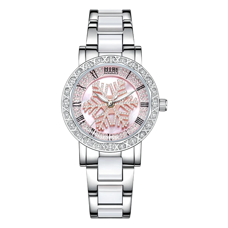 Silver watch with a pink face and diamond-studded bezel on a white background